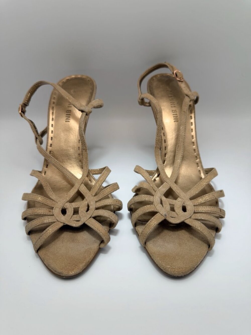 Gianni Bini Gold Metallic Leather Strappy Heels Sandals Size 9M Brazil